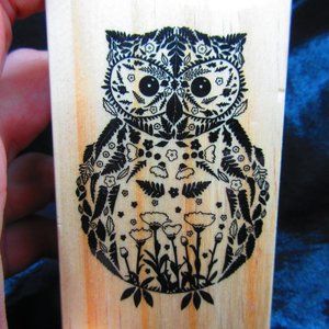 Owl Wood Mounted Stamp 3.5" X 2.25"